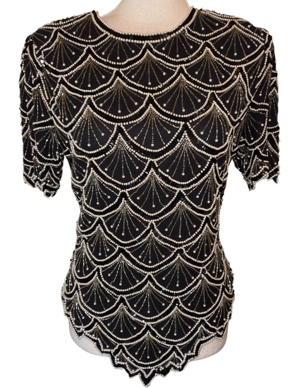 Laurence Kazar beaded pearls sequin vintage short sleeve blouse top